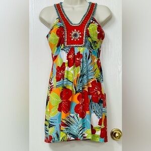 🟢 Joyous & Free Beaded Neck Floral Print Sleeveless Minidress